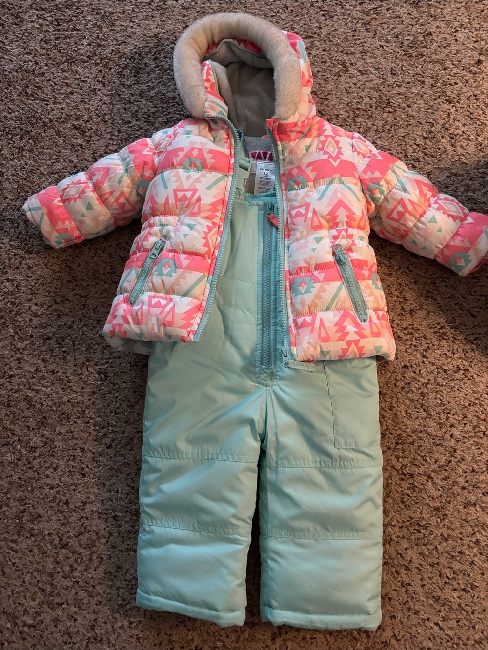 Carter's Pink and Aqua Aztec Puffer Jacket